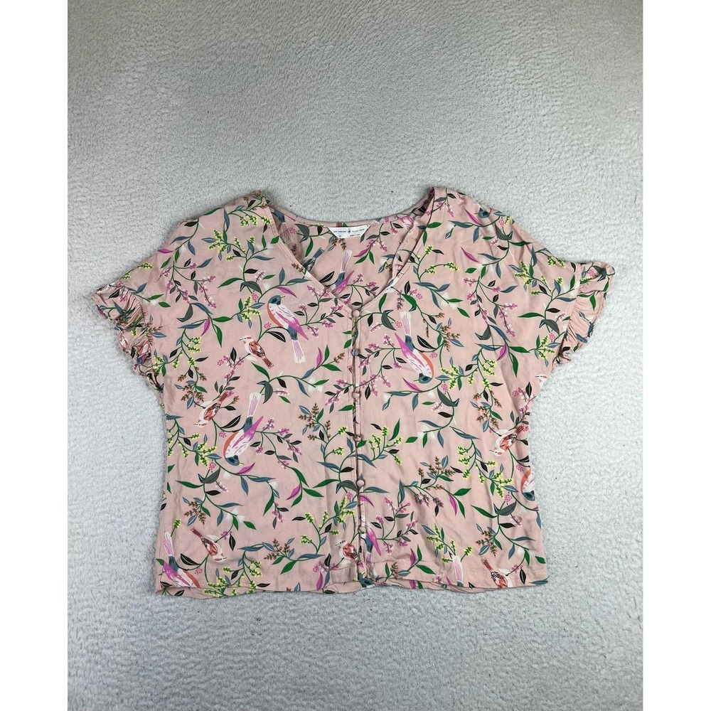 M&S Pajama Top Womens 12 Pink Bird Floral Button Front Short Sleeve Sleepwear
